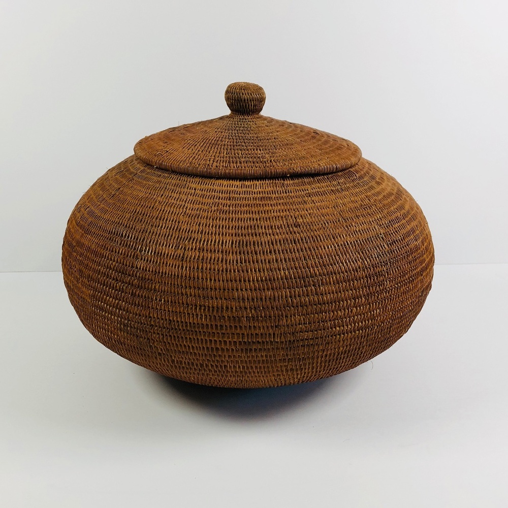 Large Vintage Rattan Basket, with Lid